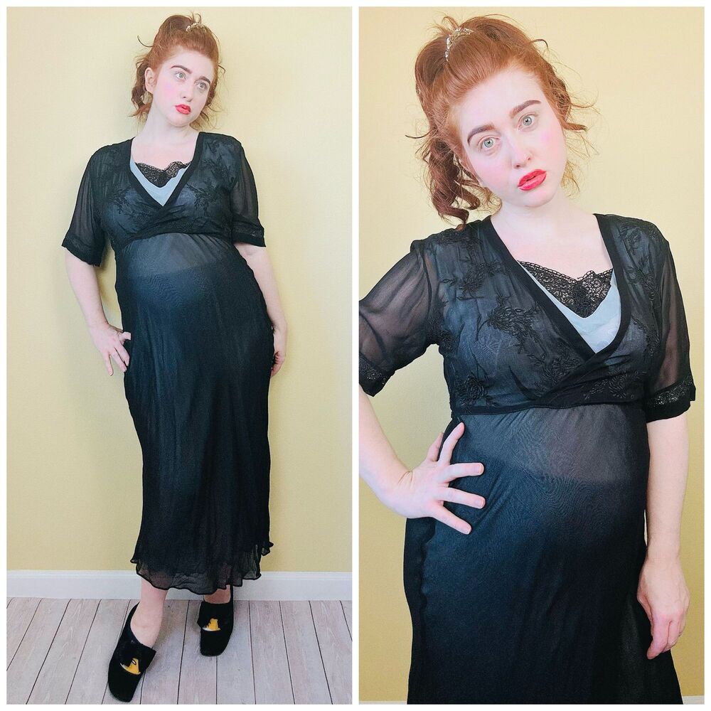 1990s does 1940s Nostalgia Rayon Black Bias Cut Dress / 90s Embroidered  Medium